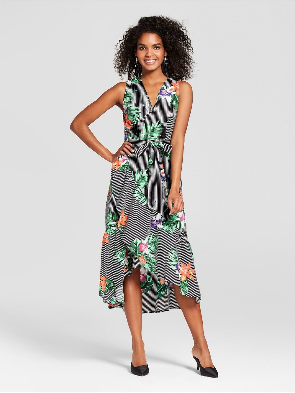 Who What Wear Black Striped High-Low Dress with Green & Orange Floral Print